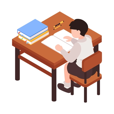 Isometric junior school composition with character of schoolboy sitting at desk with stationery vector illustration