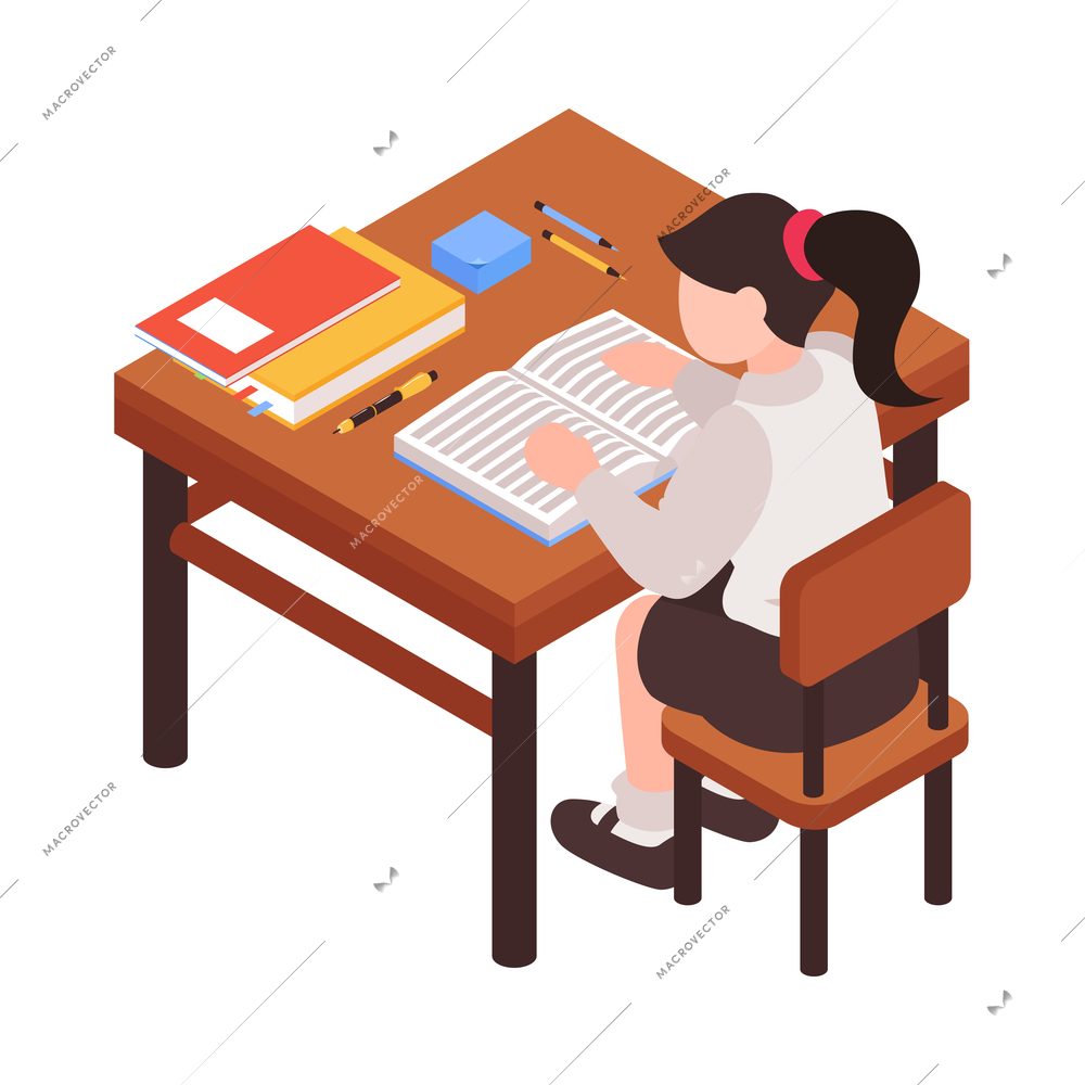 Isometric junior school composition with character of schoolgirl sitting at desk with stationery vector illustration