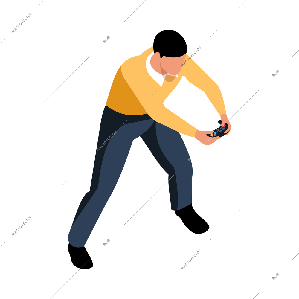 Isometric video game composition with isolated character of adult man holding gamepad vector illustration