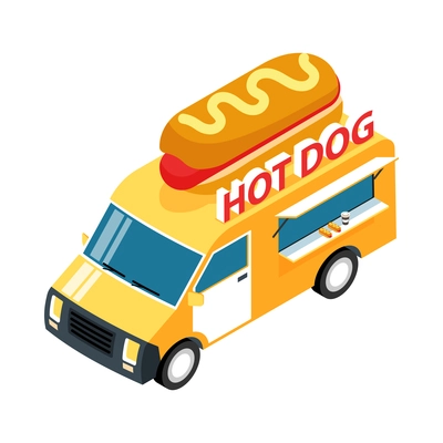 Isometric street food composition with isolated image of hot dog selling van vector illustration