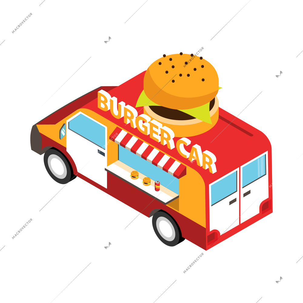 Isometric street food composition with isolated image of burger selling van vector illustration