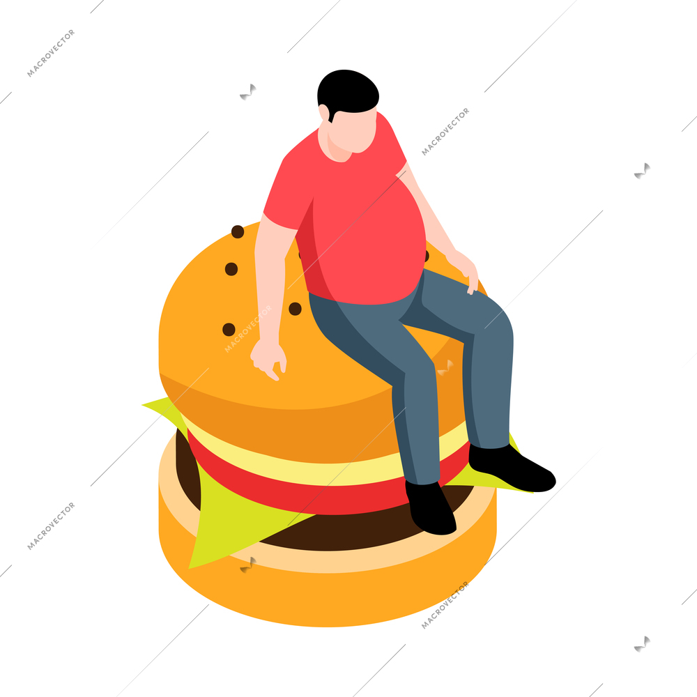 Isometric street food composition with isolated image of fat man sitting on top of huge burger vector illustration