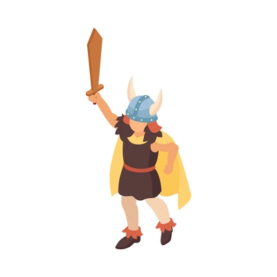 Isometric viking composition with isolated character of little boy wearing warrior suit on blank background vector illustration