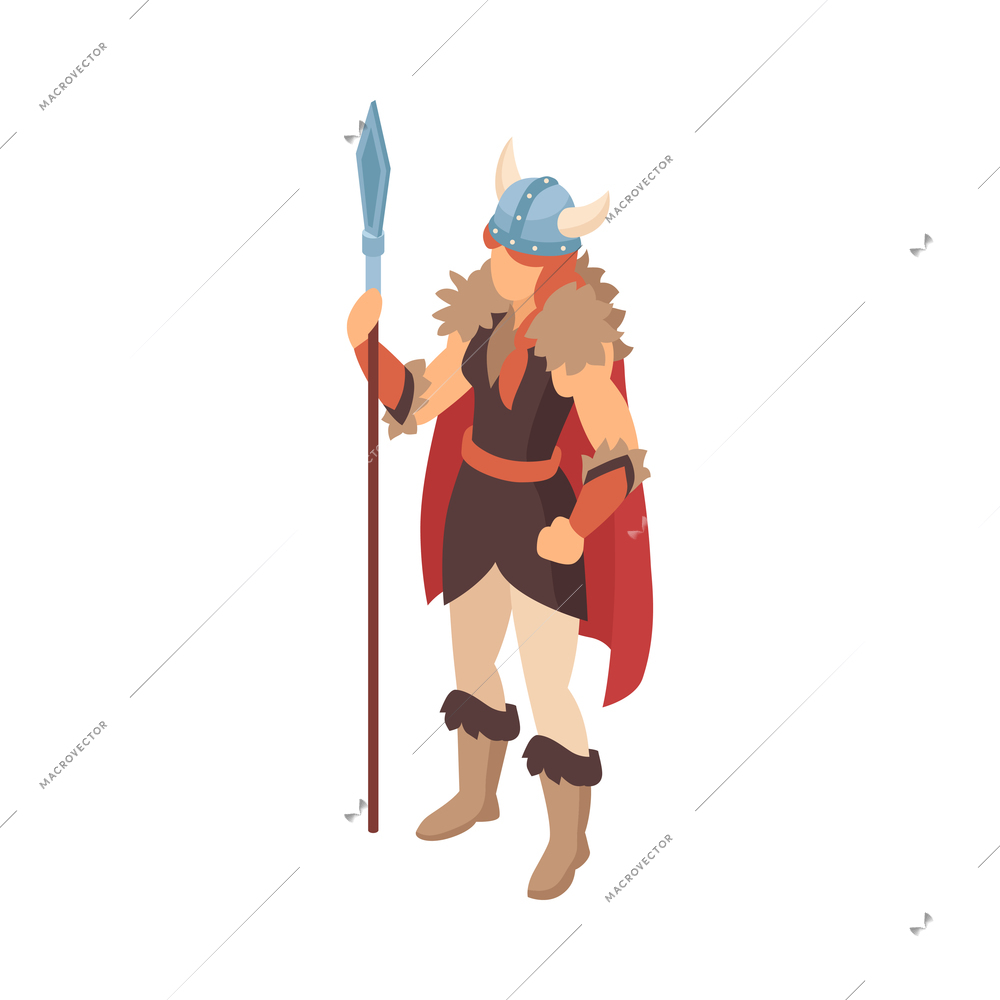 Isometric viking composition with isolated character of armored young woman on blank background vector illustration