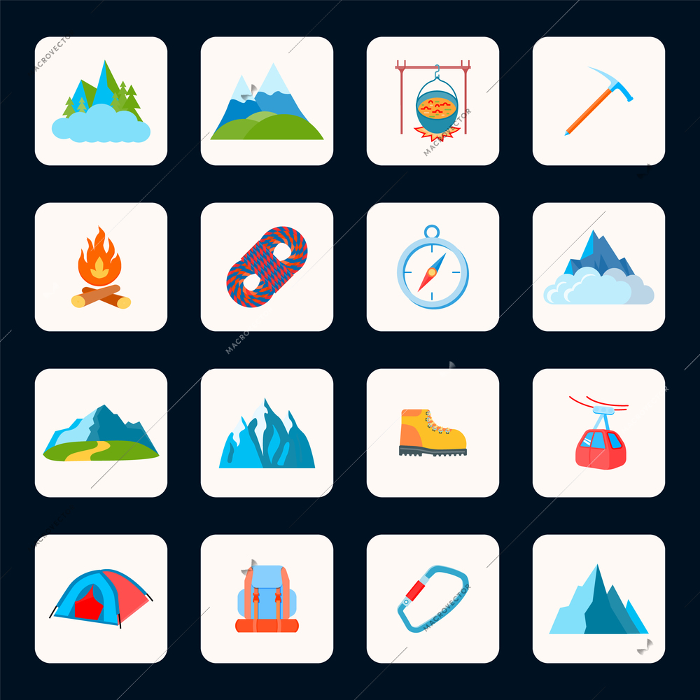 Mountain icons flat set with nature park campfire axe isolated vector illustration