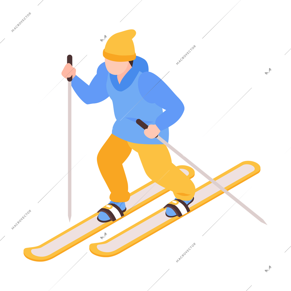 Isometric winter holiday time composition with character of child in winter clothes doing skiing vector illustration