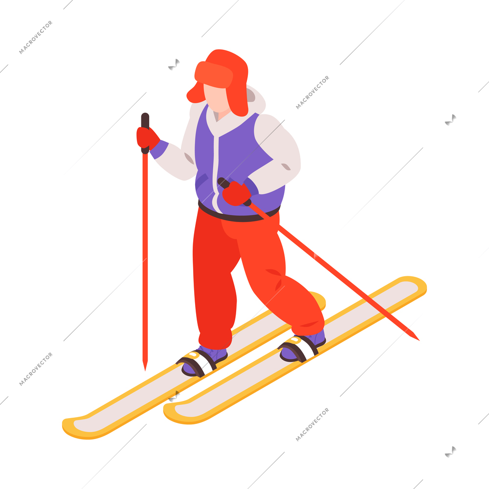 Isometric winter holiday time composition with character of child in winter clothes doing skiing vector illustration