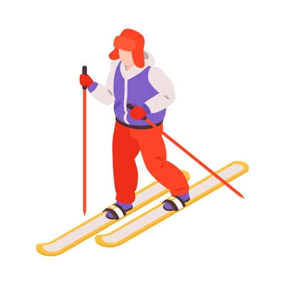 Isometric winter holiday time composition with character of child in winter clothes doing skiing vector illustration