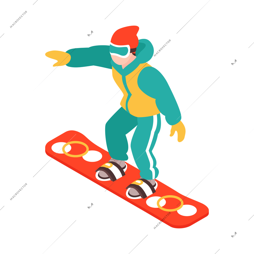 Isometric winter holiday time composition with character of child in winter clothes snowboarding vector illustration