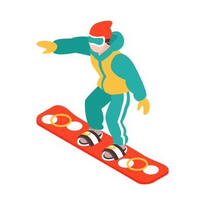 Isometric winter holiday time composition with character of child in winter clothes snowboarding vector illustration