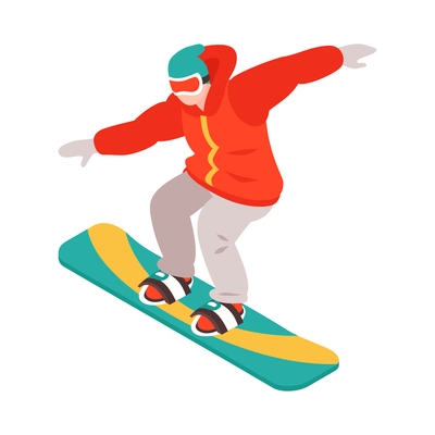 Isometric winter holiday time composition with character of child in winter clothes snowboarding vector illustration