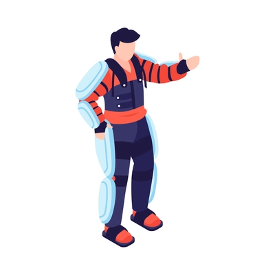 Isometric technologies of future composition with isolated character of man wearing exoskeleton suit vector illustration