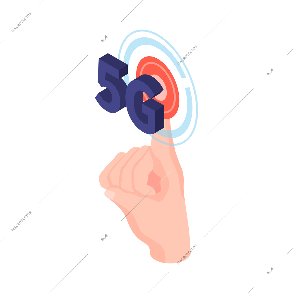 Isometric technologies of future composition with isolated image of human finger pushing 5g button vector illustration