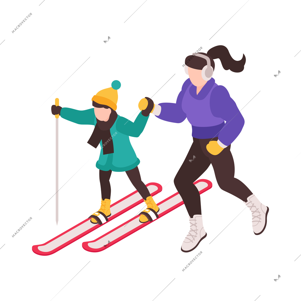 Isometric winter holiday time composition with characters of mother and child do skiing together vector illustration