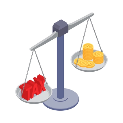 Taxes accounting isometric composition with isolated image of balance weighs with text and coins vector illustration