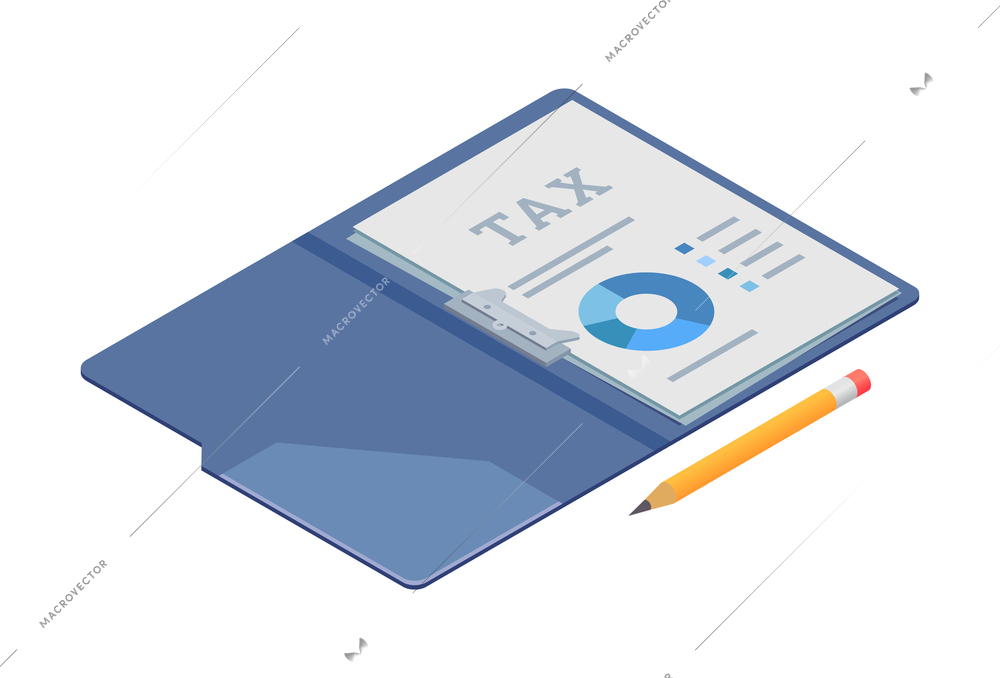 Taxes accounting isometric composition with isolated image of open folder with papers and pencil vector illustration