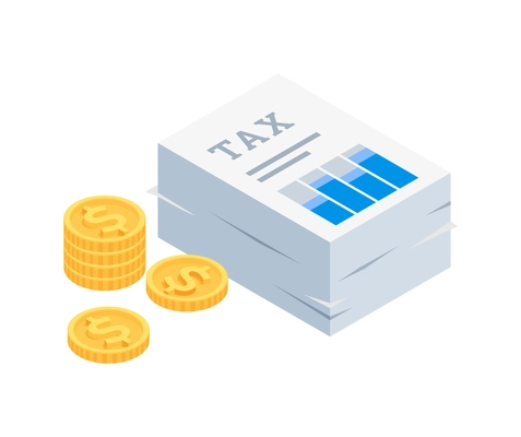 Taxes accounting isometric composition with isolated image of paper stack and golden coins vector illustration