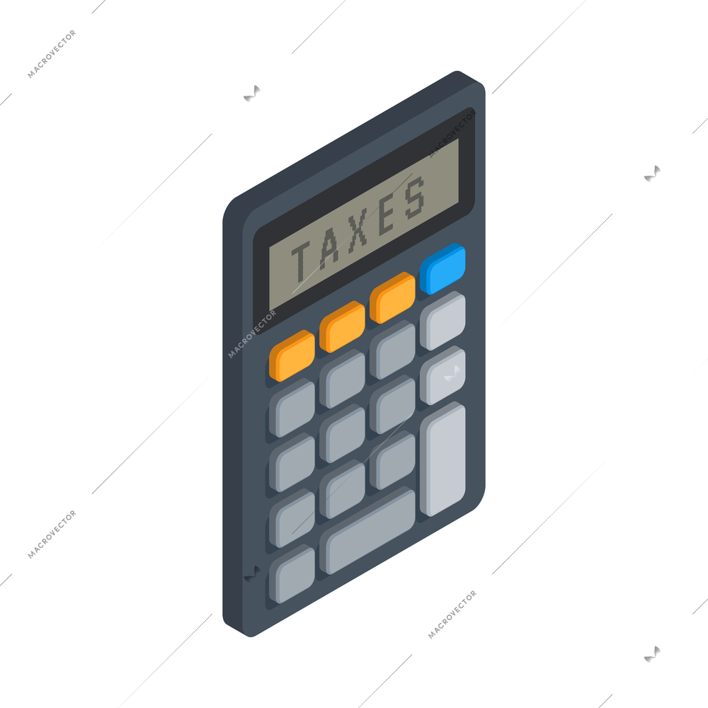 Taxes accounting isometric composition with isolated image of digital calculator with text vector illustration