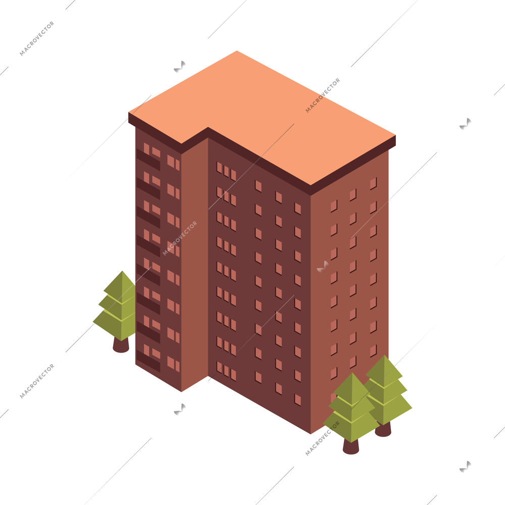 Mortgage isometric composition with isolated image of tall apartment house with trees vector illustration