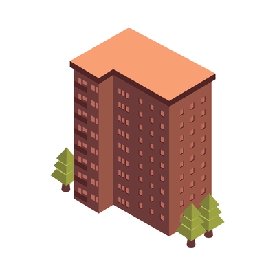 Mortgage isometric composition with isolated image of tall apartment house with trees vector illustration