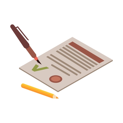 Mortgage isometric composition with isolated image of paper agreement with approve sign pen and pencil vector illustration