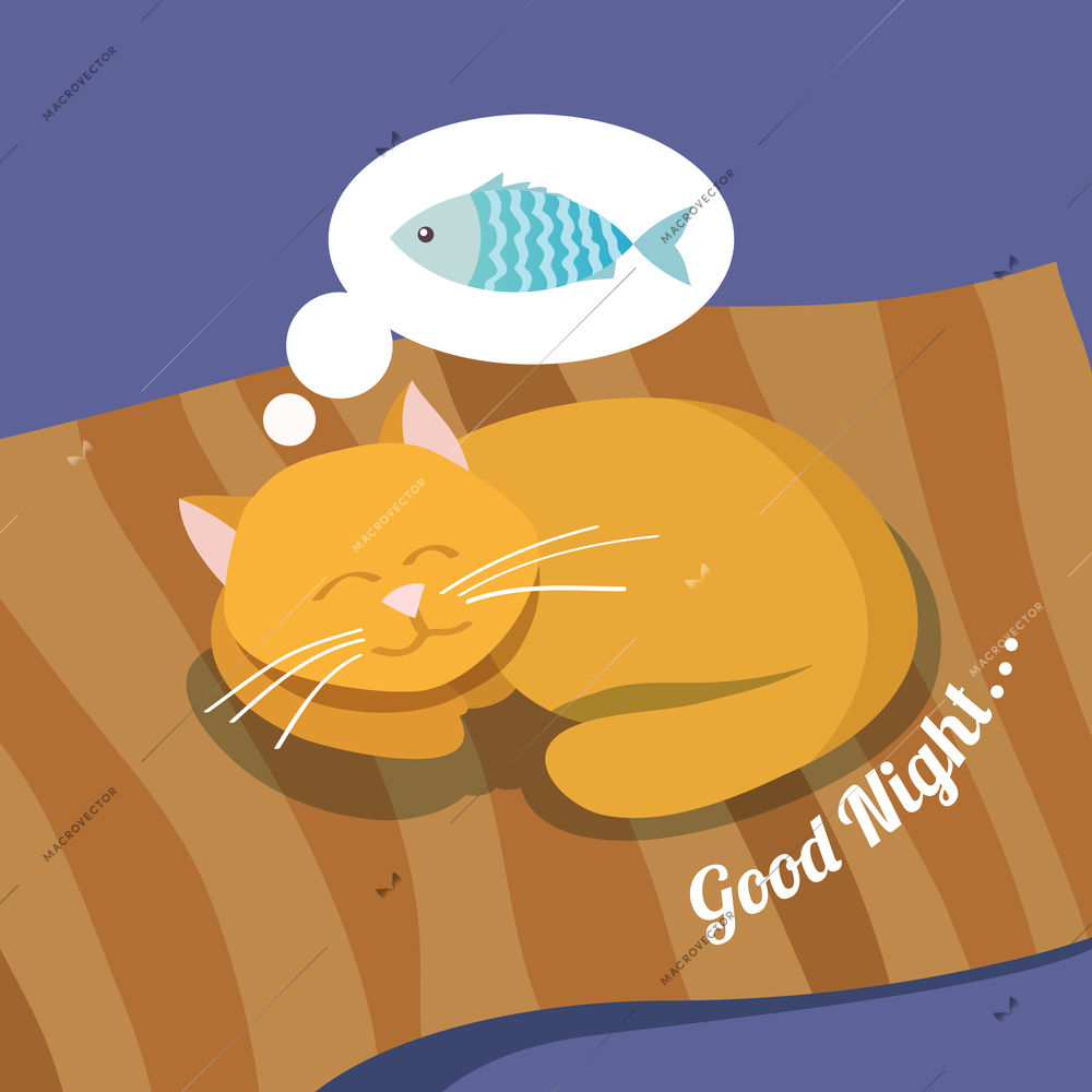 Sleeping cute cat dreaming about fish good night background poster vector illustration