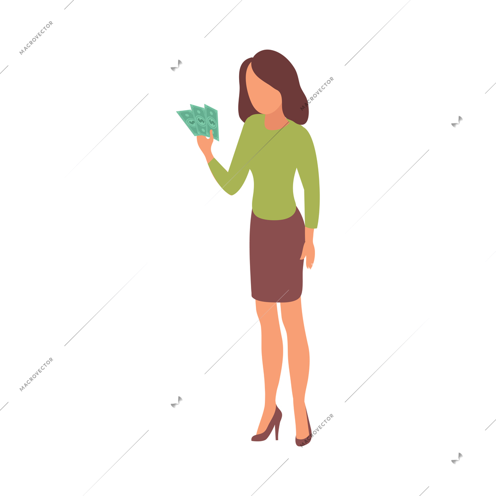 Mortgage isometric composition with isolated character of woman holding money vector illustration