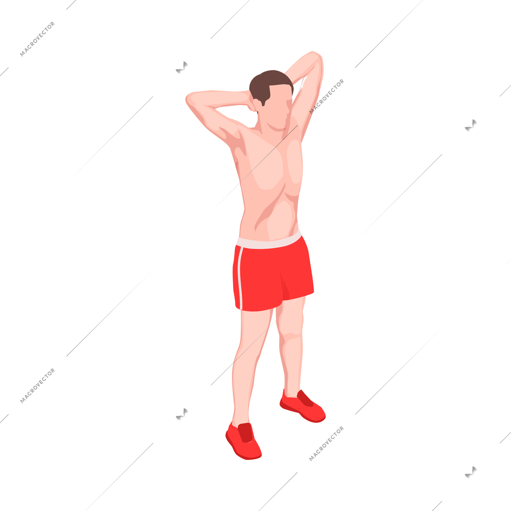 Workout isometric people composition with character of male athlete stretching his hands above head vector illustration