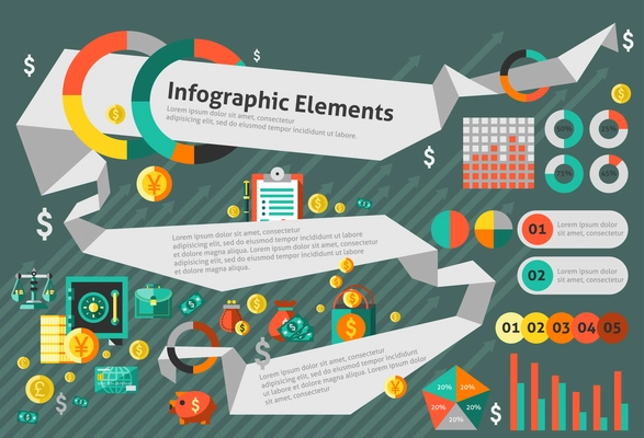 Finance infographic set with financial security business cooperation paper elements vector illustration