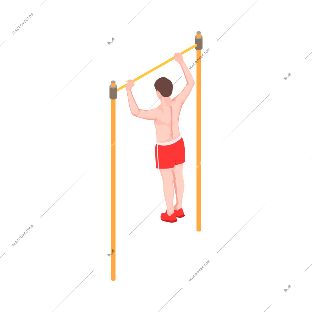 Workout isometric people composition with character of male athlete hanging on horizontal bar vector illustration