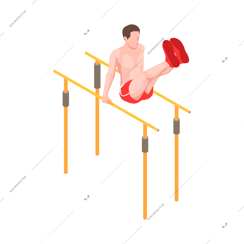 Workout isometric people composition with character of male athlete pulling legs on parallel bars vector illustration