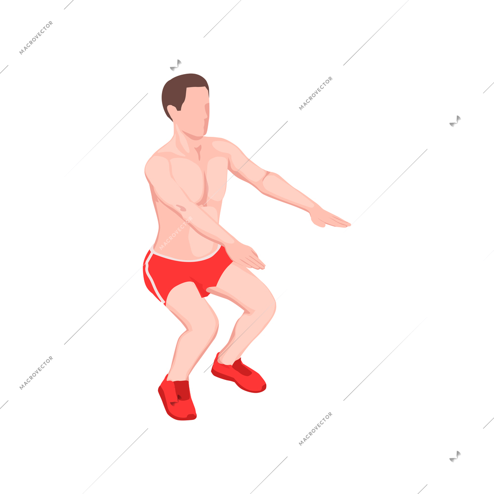 Workout isometric people composition with character of male athlete crouching on his legs vector illustration