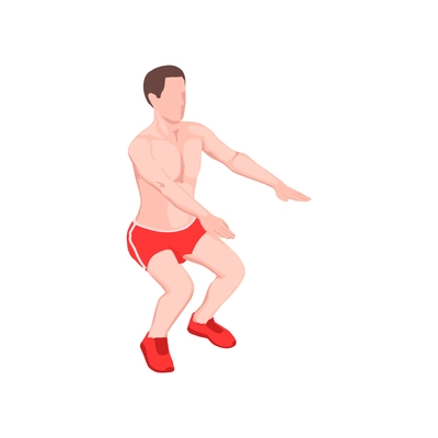 Workout isometric people composition with character of male athlete crouching on his legs vector illustration