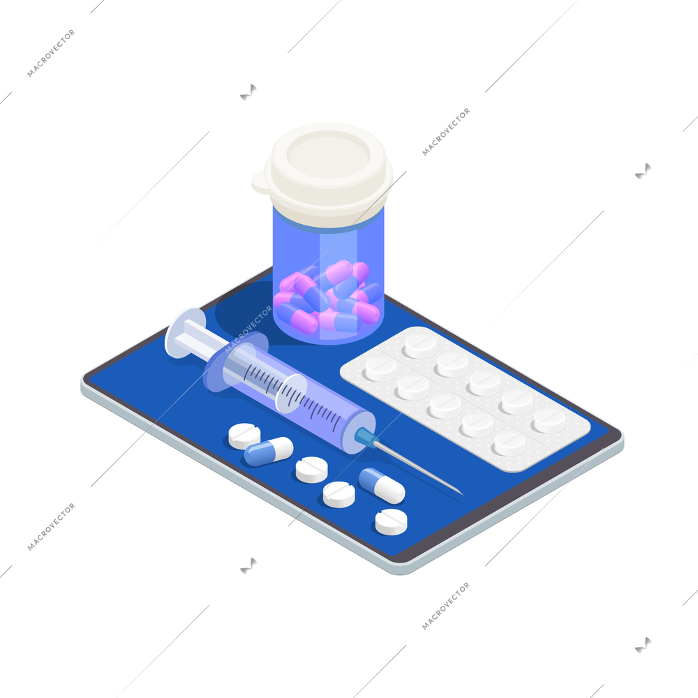 Telemedicine digital health isometric composition with image of tablet with packs of pills and syringe vector illustration