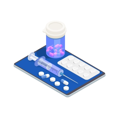 Telemedicine digital health isometric composition with image of tablet with packs of pills and syringe vector illustration