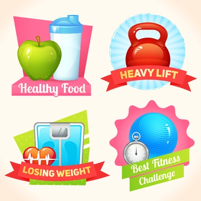 Healthy food fitness lifestyle heavy lift labels set isolated vector illustration