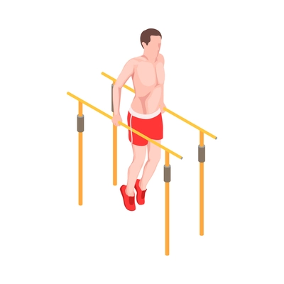 Workout isometric people composition with character of male athlete performing pull ups on parallel bars vector illustration