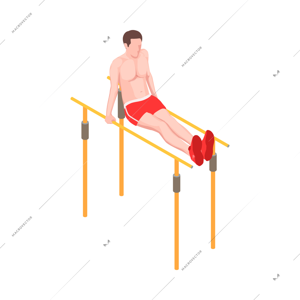 Workout isometric people composition with character of male athlete pulling legs on parallel bars vector illustration