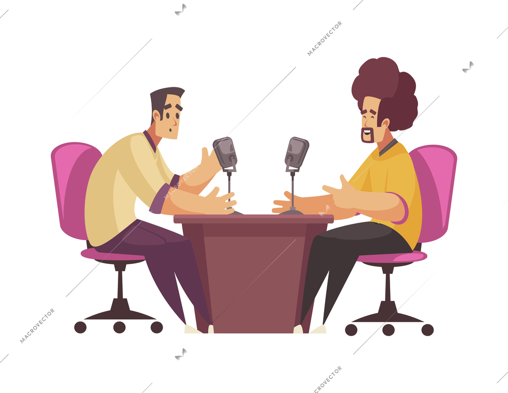 Radio studio recording composition with characters of guest and talk show host talking at table vector illustration