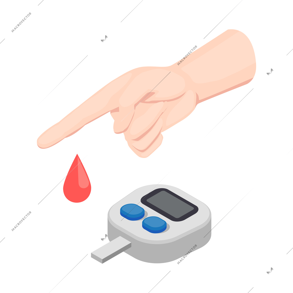 Telemedicine digital health isometric composition with images of human hand blood drop and electronic device vector illustration