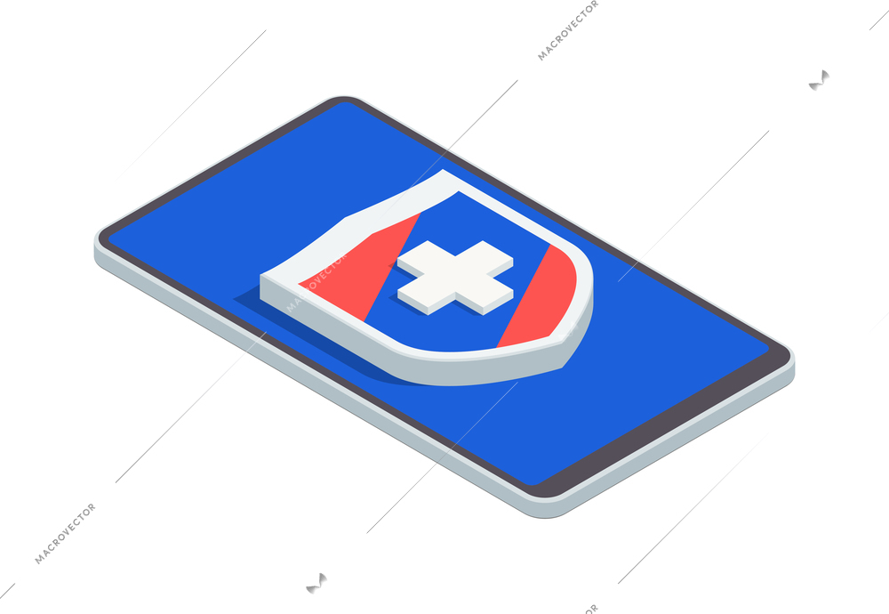 Telemedicine digital health isometric composition with image of smartphone with 3d icon of medical cross shield vector illustration