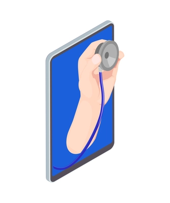 Telemedicine digital health isometric composition with image of hand holding stethoscope leaning out of smartphone vector illustration