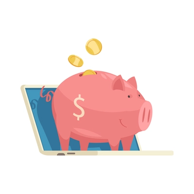 Online mobile bank composition with image of piggy bank on top of laptop computer with coins vector illustration