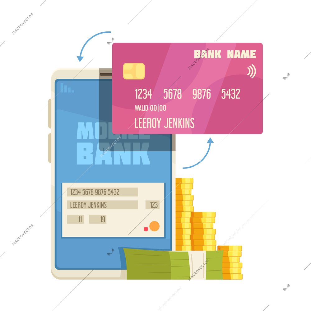 Online mobile bank composition with image of smartphone with credit card and stacks of cash vector illustration