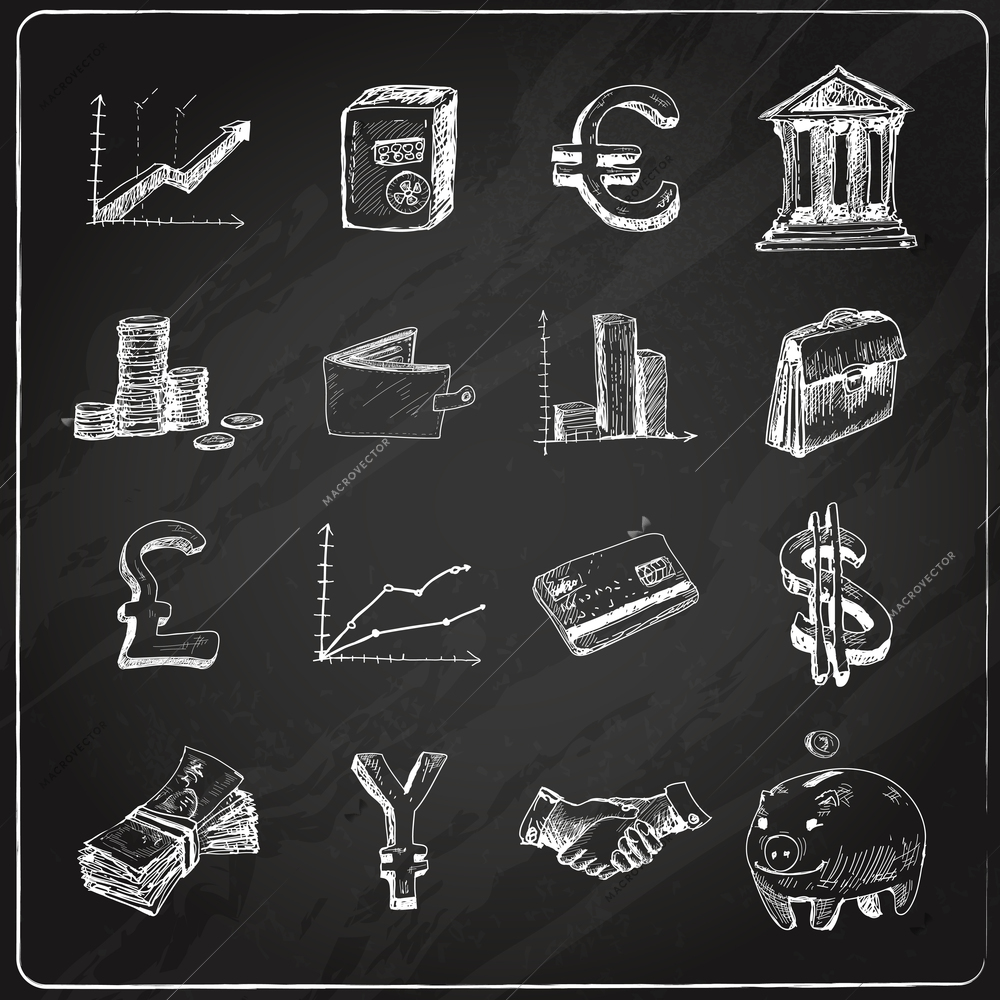 Finance banking business money exchange market trading chalkboard icons set isolated vector illustration