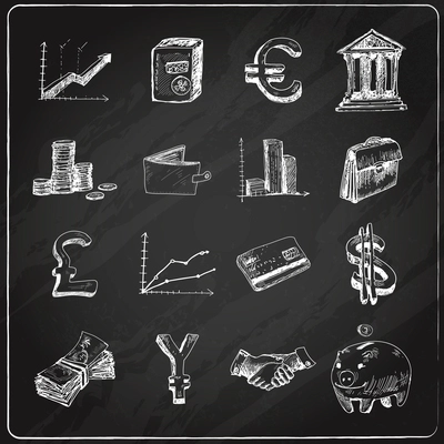 Finance banking business money exchange market trading chalkboard icons set isolated vector illustration