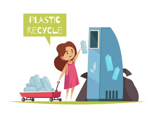 Eco zero waste sorting composition with image of girl dropping plastic bottles into separate container vector illustration