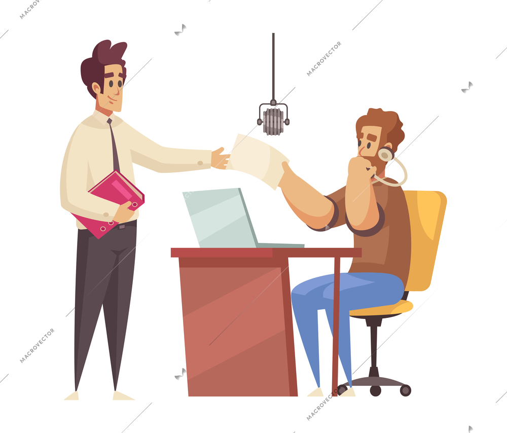 Radio studio recording composition with characters of radio station boss exchanging papers with talk host vector illustration