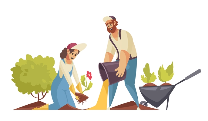 Gardener composition with doodle characters of male and female gardeners planting flower in ground vector illustration