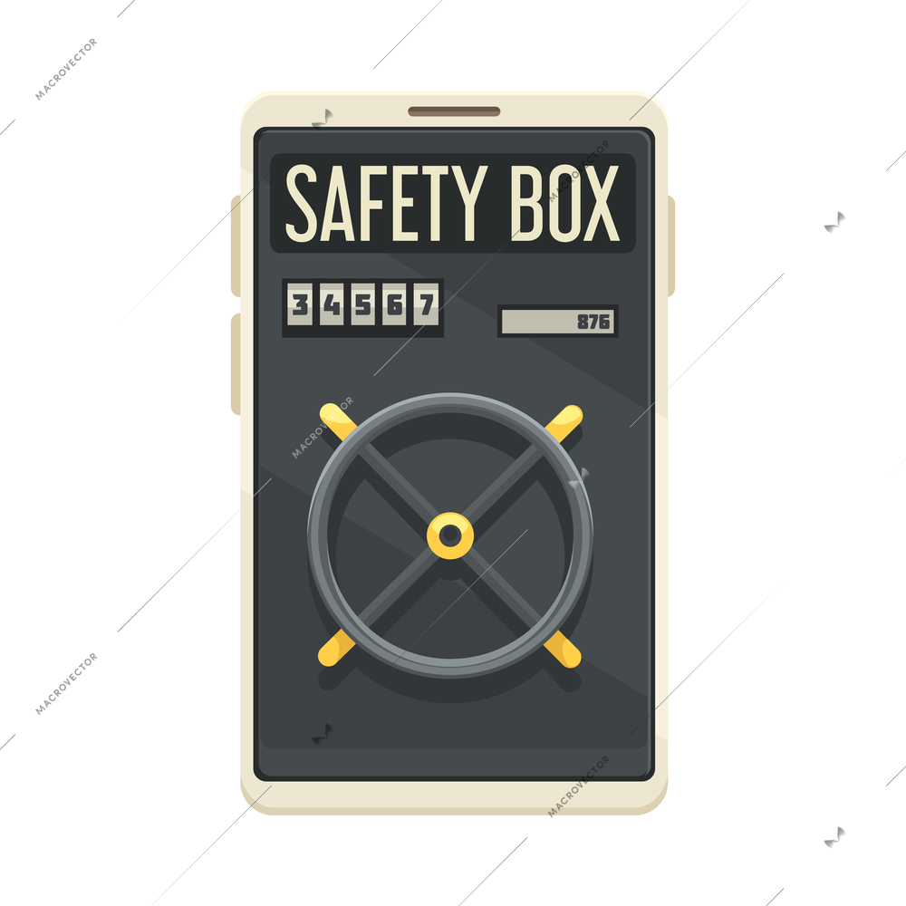 Online mobile bank composition with safe box door valve inside smartphone screen vector illustration